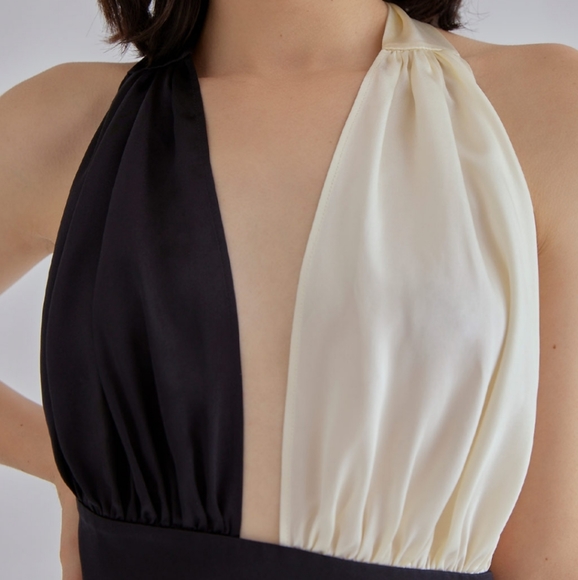 Silk Maison Piano Halter Maxi 100% Mulberry Silk Slip Dress Black/White NWT - Picture 4 of 11